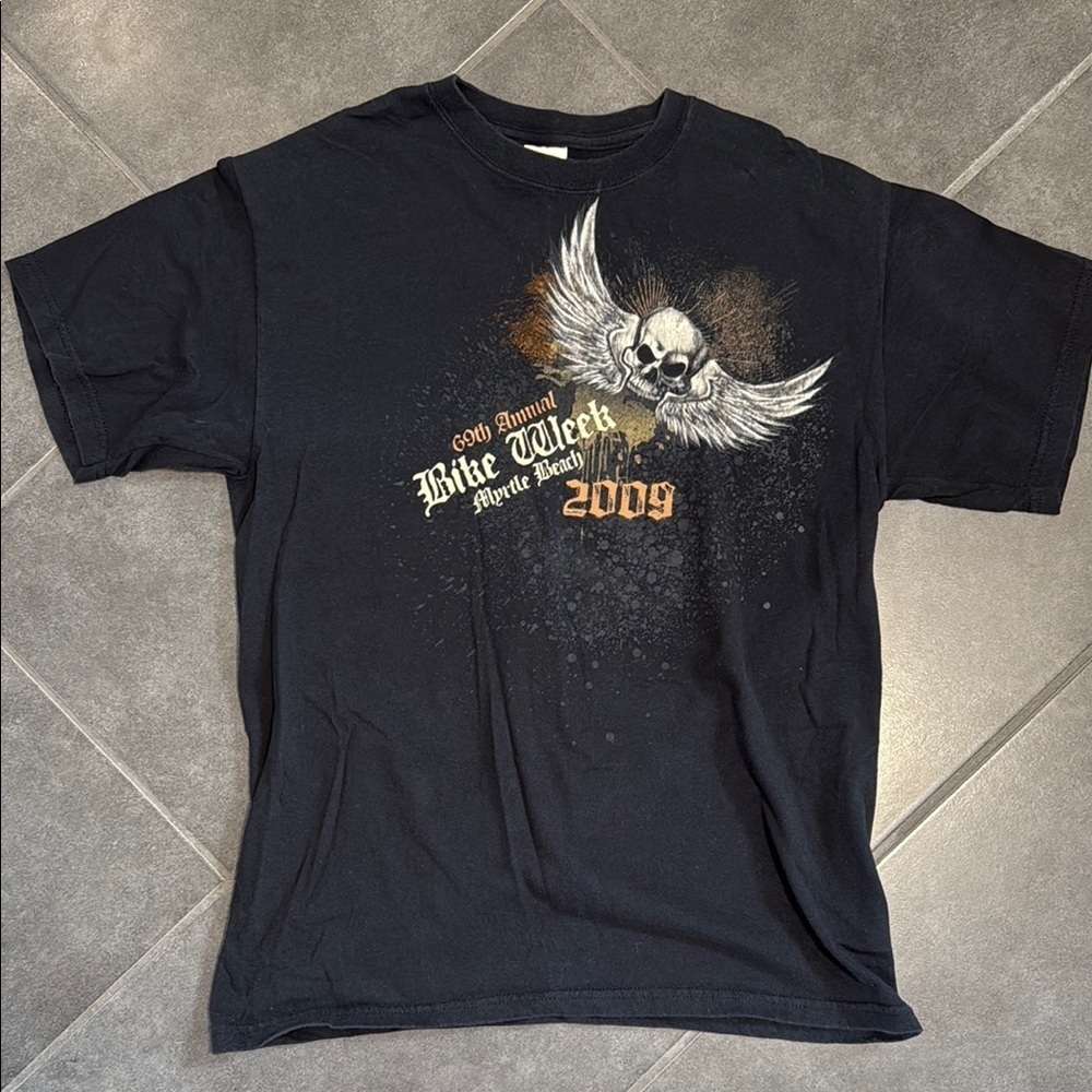 Vintage 2009 Black Graphic T-Shirt with Skull Design Myrtle Beach Bike Week